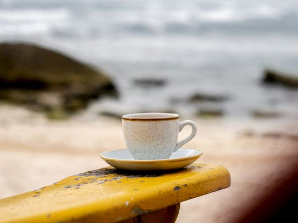 A white mug on a saucer sits on a yellow railing by a beach, with blurred rocks and sea in the background, sunlit and calm.