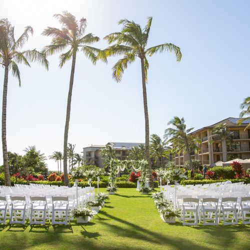 A tropical outdoor wedding setup with white folding chairs lined on a grassy aisle, tall palm trees, and a sunny backdrop near resort buildings.