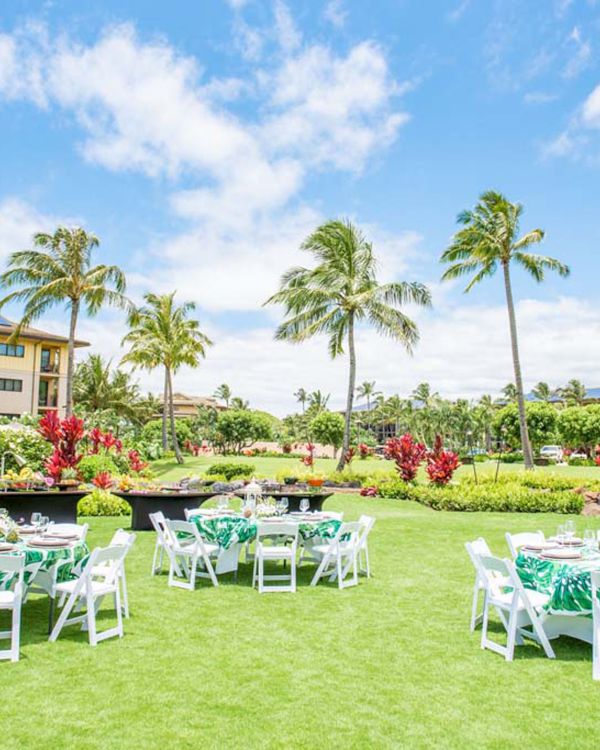 A sunny outdoor lawn setup with round tables and white chairs, turquoise tablecloths, palm trees, and a resort-style building in the background.