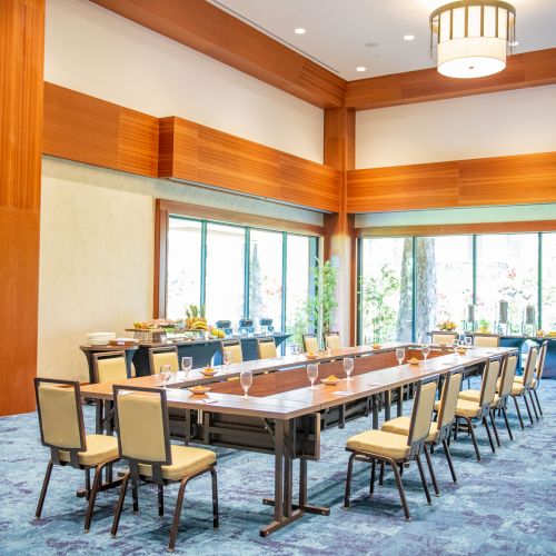 This image shows a conference room with a long table and chairs, wooden paneling, large windows, and potted plants, creating an elegant setting.
