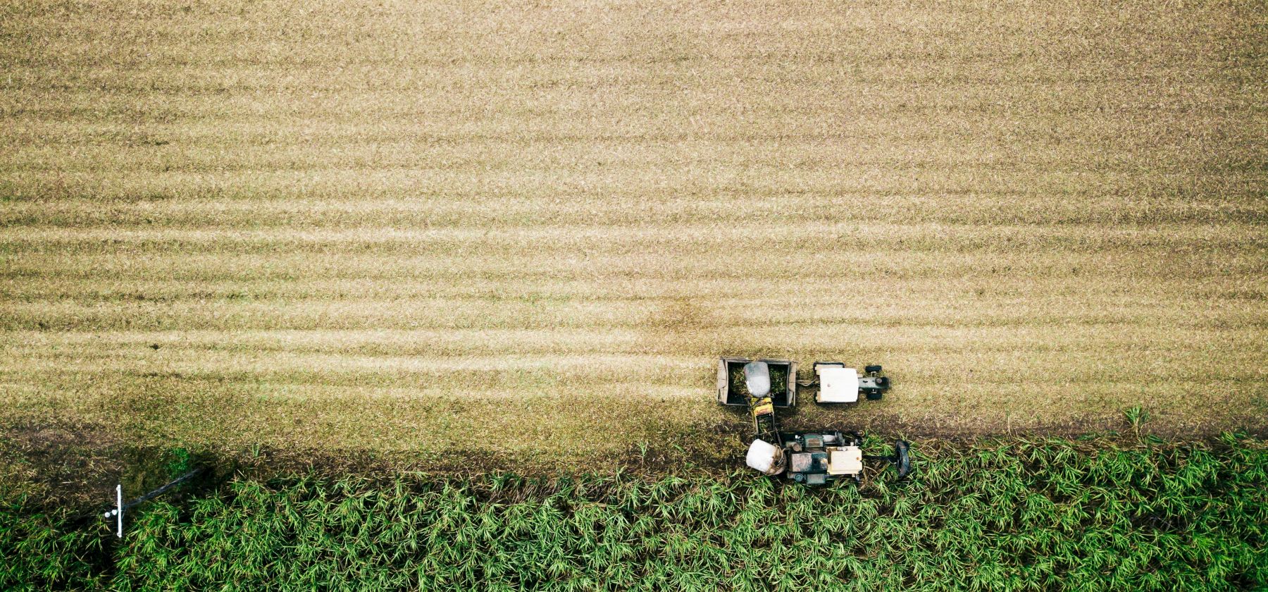 Aerial view of two tractors working a field, dividing a green section from a harvested one, showcasing agricultural work progress.