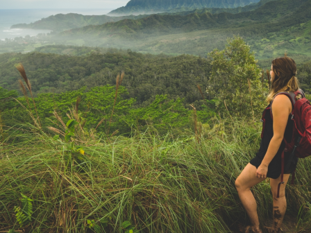 A person with a red backpack stands on a lush, green hillside, overlooking a distant ocean view surrounded by mountains and clouds.