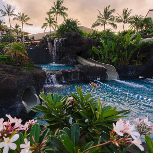 A resort pool scene with cascading waterfalls, palm trees, lush tropical plants, and a person swimming under a sunset sky.