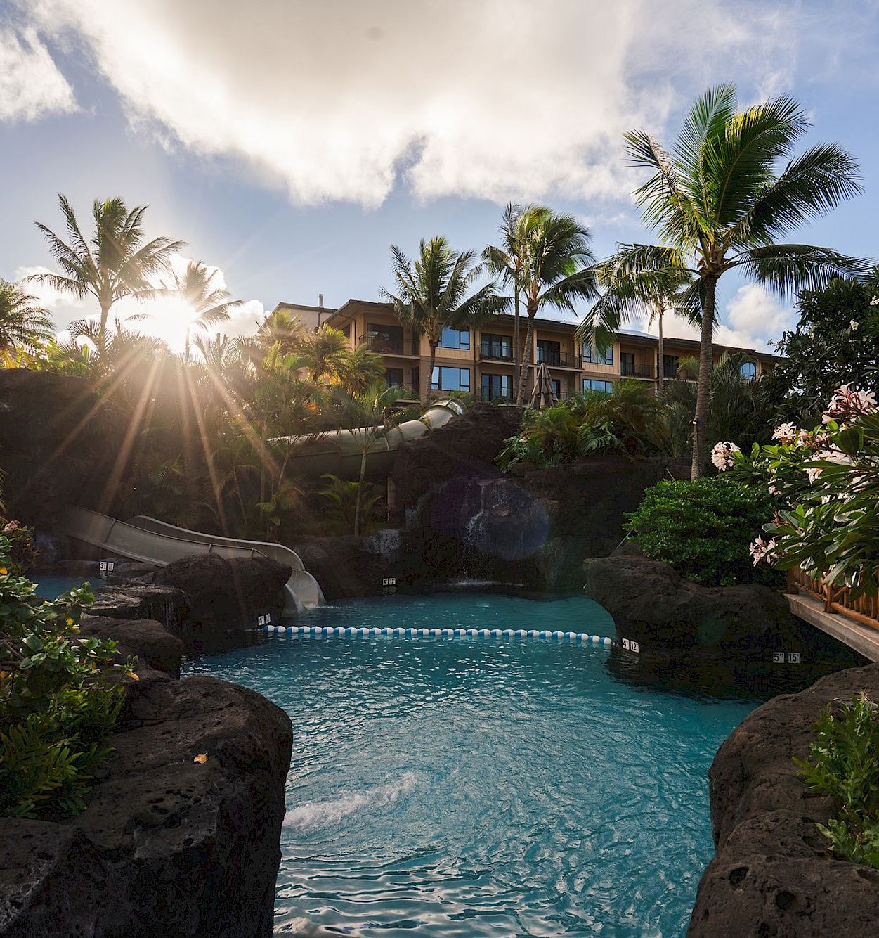 A tropical resort pool with clear water, palm trees, flowering plants, and a sunny sky over a hotel building.