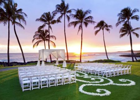 A beachside wedding setup with white chairs and a heart-shaped aisle on a lawn, framed by tall palm trees at sunset.