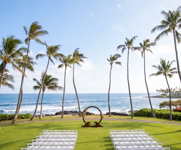 A tropical oceanfront wedding setup with tall palm trees, a green lawn, and rows of white chairs facing the waves.